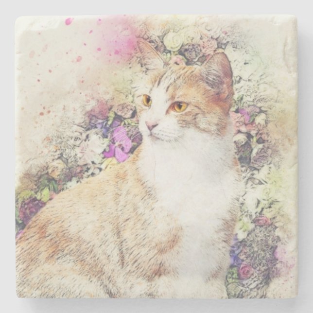 Painted Cat Print Stone Coaster (Front)