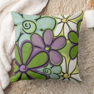 Painted Chalk Flowers Green Purple Yellow Cushion