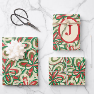 Painted Christmas Retro Floral Pattern Initial Wrapping Paper Sheet
