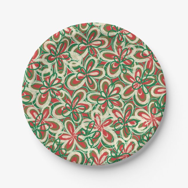 Painted Christmas Retro Floral Pattern Red Green Paper Plate (Front)