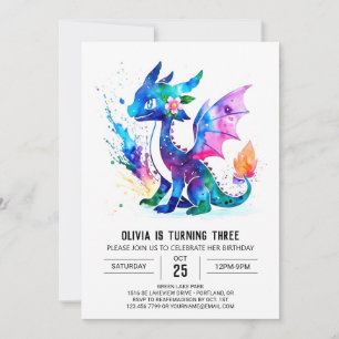 Painted Colourful Dragon Digital Girl Birthday Invitation