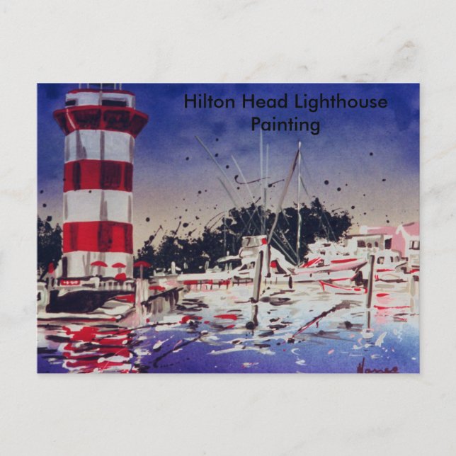 Painted colourful watercolor lighthouse boats postcard (Front)