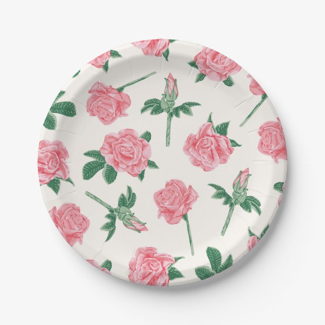 Painted Coral and Green Rose Floral Pattern Paper Plate (Front)