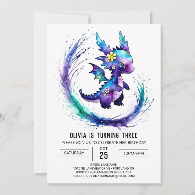 Painted Custom Dragon Digital Girl Birthday Invitation (Front)