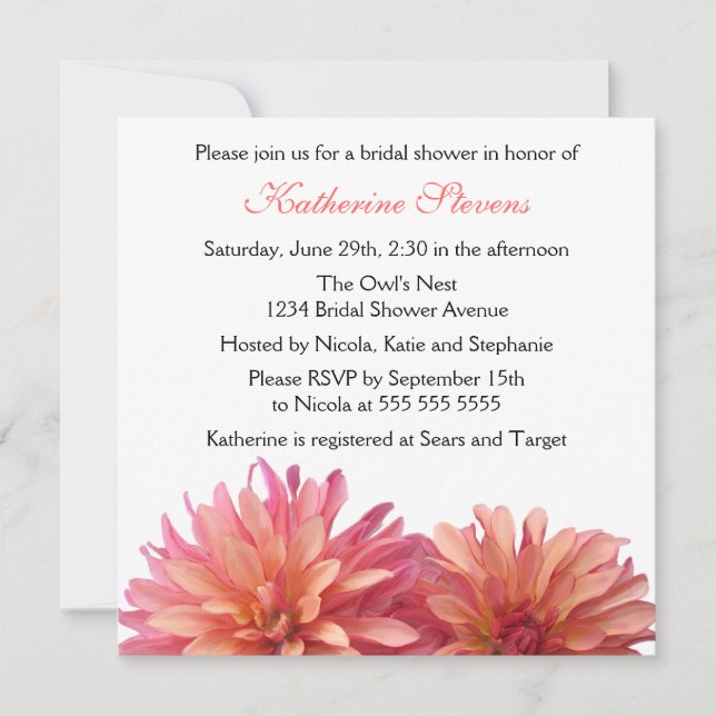 Painted Dahlia in Pink and Coral Bridal Shower Invitation (Front)