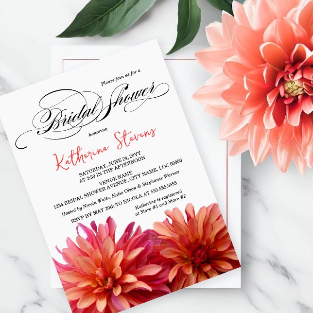 Painted Dahlia in Pink and Coral Bridal Shower Invitation (Beautiful pink and coral painted dahlia bridal shower invitation with script "bridal shower" text.)