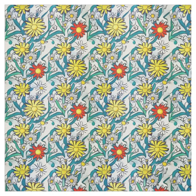 Painted Daisies Modern Pop Art Fabric (Swatch)