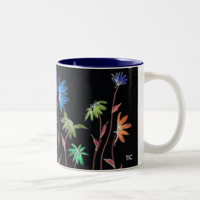 Painted Daisies on Black Two-Tone Coffee Mug (Right)