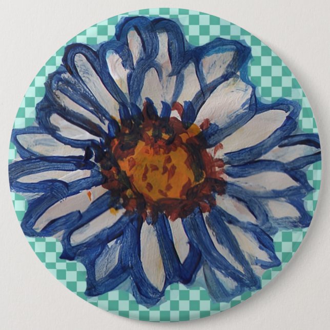 Painted Daisies, on Teal Chequered Background 6 Cm Round Badge (Front)