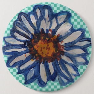 Painted Daisies, on Teal Chequered Background 6 Cm Round Badge