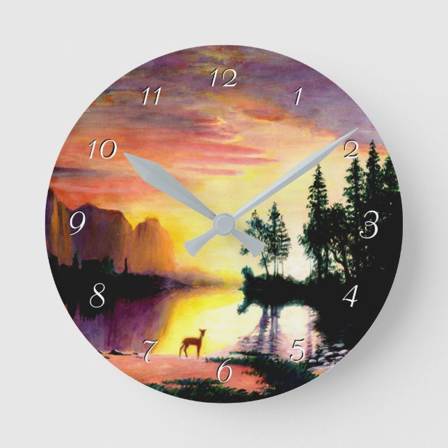 Painted Deer at Dawn Round Clock (Front)