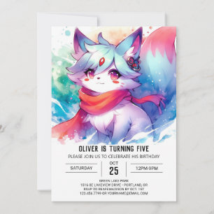 Painted Digital Fox Birthday Invitation
