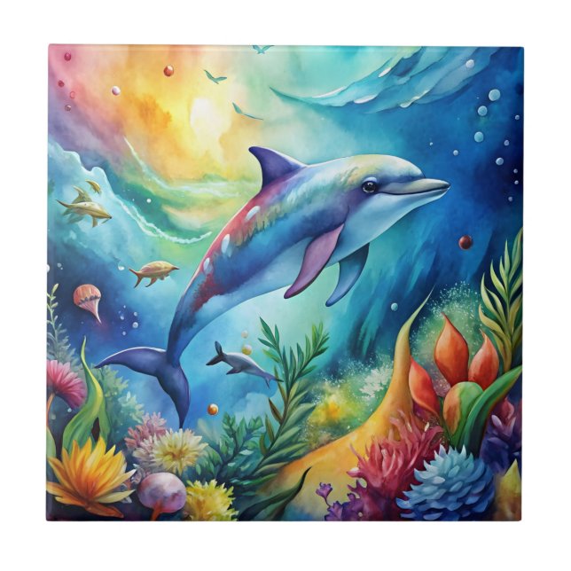 Painted Dolphin Ceramic Tile (Front)