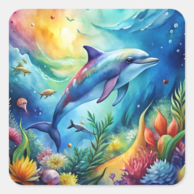 Painted Dolphin Square Sticker (Front)