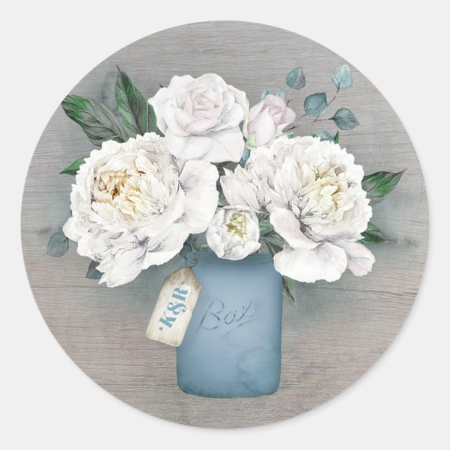 Painted Dusty Blue Mason Jar and White Flowers Classic Round Sticker (Front)