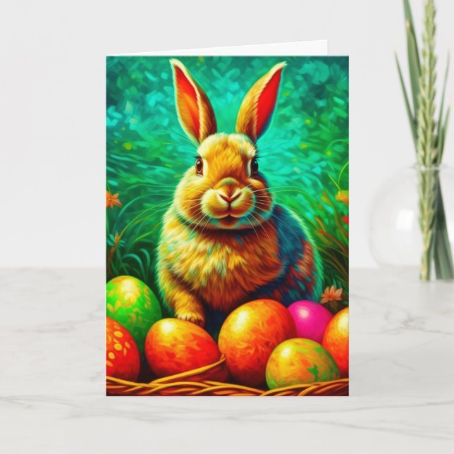 Painted Easter Bunny with Eggs Holiday Card (Front)