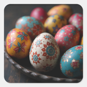 Painted Easter Eggs in a Rustic Bowl Square Sticker