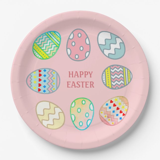 Painted Easter Eggs on Light Pink Paper Plate (Front)