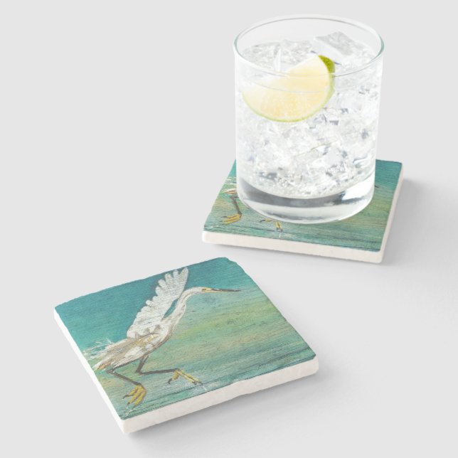 Painted Egret Shorebird Beach House Art Stone Coaster (Side)