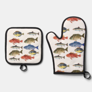 Painted Fish Oven Mitt & Pot Holder Set