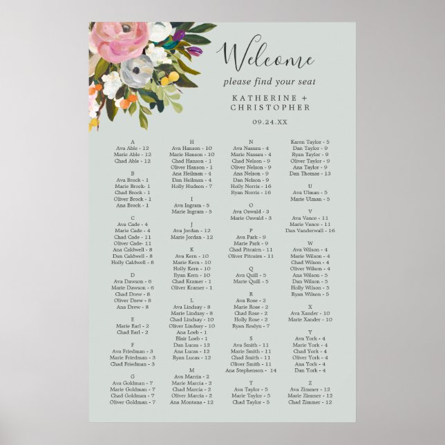 Painted Floral Alphabetical Seating Chart (Front)