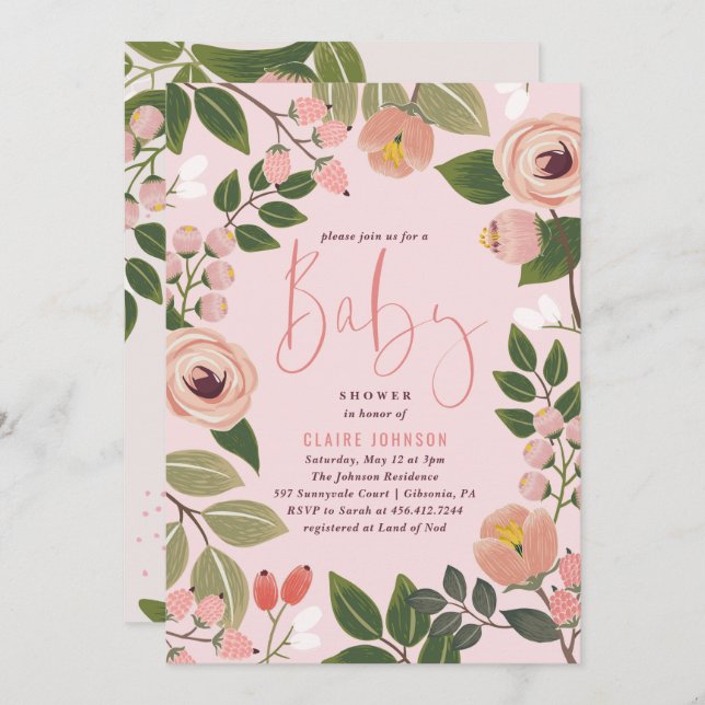 Painted Floral Baby Shower Invitation | Coral (Front/Back)