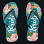 Painted Floral Blooms Bride Flip Flops Sandals<br><div class="desc">White script bride over exquisite acrylic florals and custom colour background. 

The gorgeous florals are by Create the Cut. Find them on Creative Market https://crmrkt.com/7WdAX,  Etsy https://www.etsy.com/shop/CreateTheCut,  and 
www.createthecut.com</div>