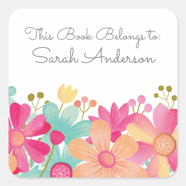 Painted Floral Book Plate This Book Belongs To Square Sticker (Front)