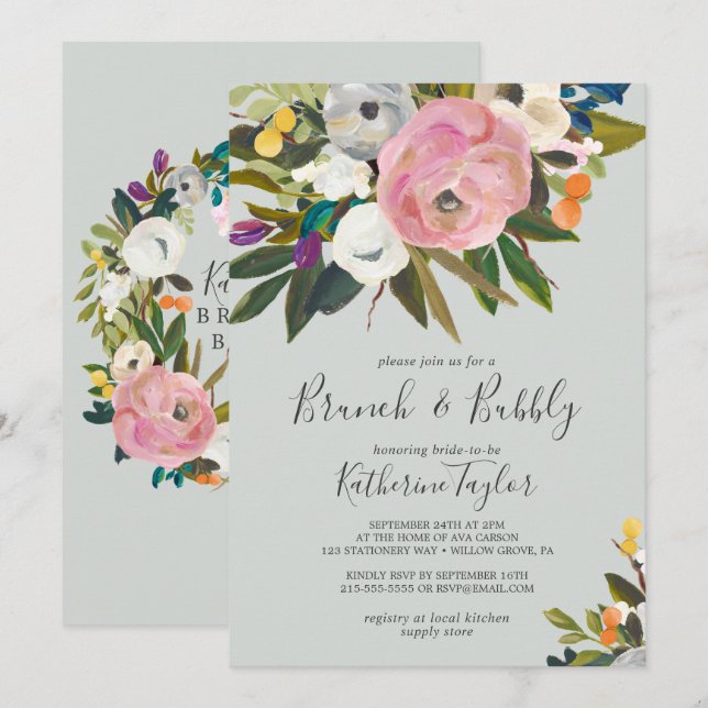 Painted Floral Brunch and Bubbly Invitation (Front/Back)