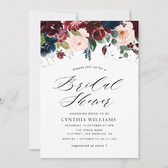 painted floral burgundy navy bridal shower invitation (Front)