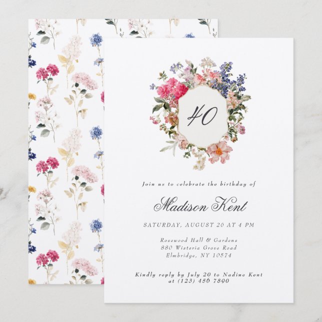 Painted Floral Crest 40th Birthday Party Invitation (Front/Back)