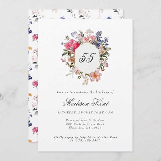 Painted Floral Crest 55th Birthday Party Invitation (Front/Back)