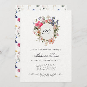Painted Floral Crest 90th Birthday Party Invitation