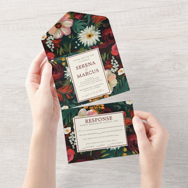 Painted Floral Dark Burgundy Green Teal Wedding All In One Invitation (Tearaway)