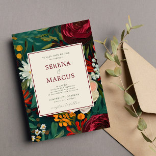 Painted Floral Dark Burgundy Green Teal Wedding Invitation