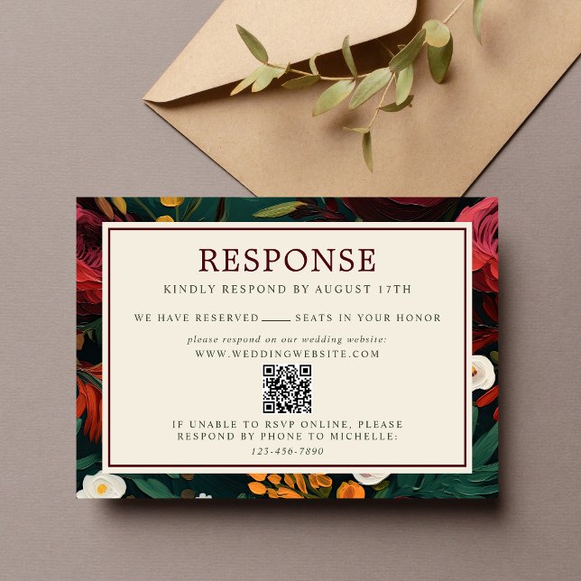 Painted Floral Dark Burgundy Green Website Wedding RSVP Card (Creator Uploaded)