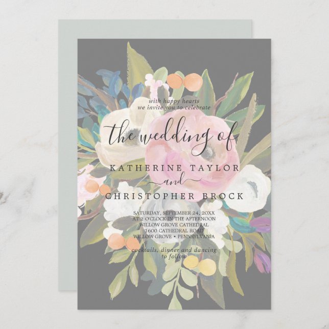 Painted Floral | Faded Dark Grey The Wedding Of Invitation (Front/Back)
