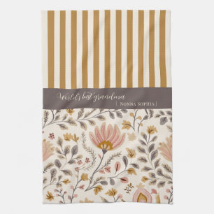 Painted Floral Folk Art and Stripe Tea Towel