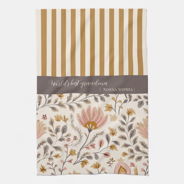 Painted Floral Folk Art and Stripe Tea Towel (Vertical)