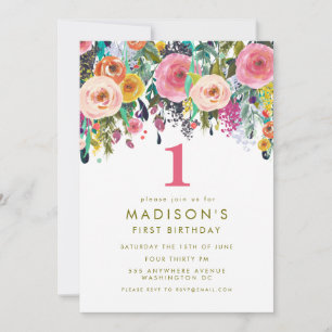Painted Floral Girls 1st Birthday Invite