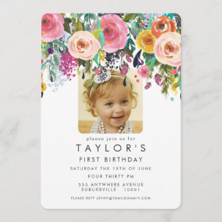 Painted Floral Girls 1st Birthday Photo Invite