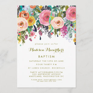 Painted Floral Girls Christening Baptism Invite