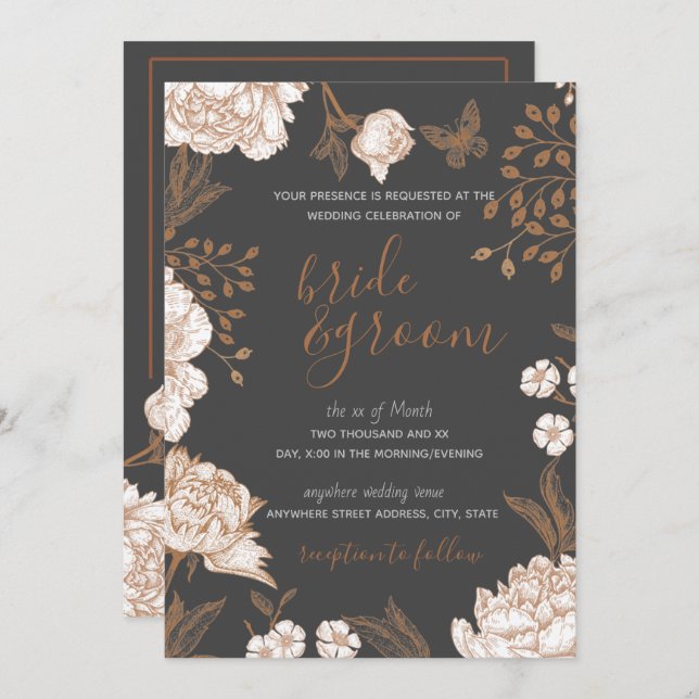 Painted Floral in Shades of Peach & Brown Wedding Invitation (Front/Back)
