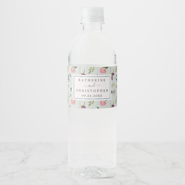 Painted Floral Pattern Wedding Water Bottle Label (Front)