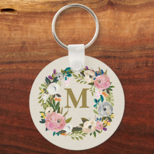 Painted Floral Personalized Monogram Canvas Bag Key Ring