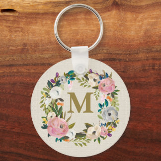 Painted Floral Personalized Monogram Canvas Bag Key Ring