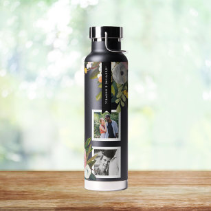 Painted Floral Photo Collage Personalised Names Water Bottle