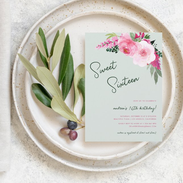 Painted Floral Pink Green Sweet 16 Birthday Party Invitation (Creator Uploaded)