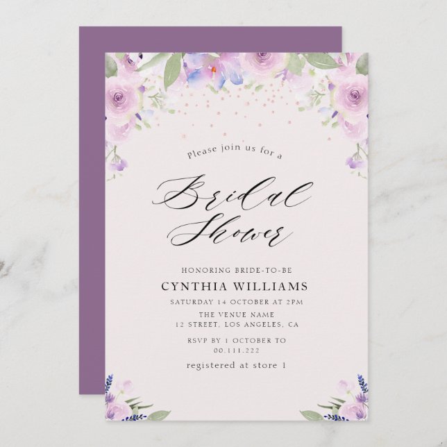 painted floral purple lavender bridal shower invitation (Front/Back)