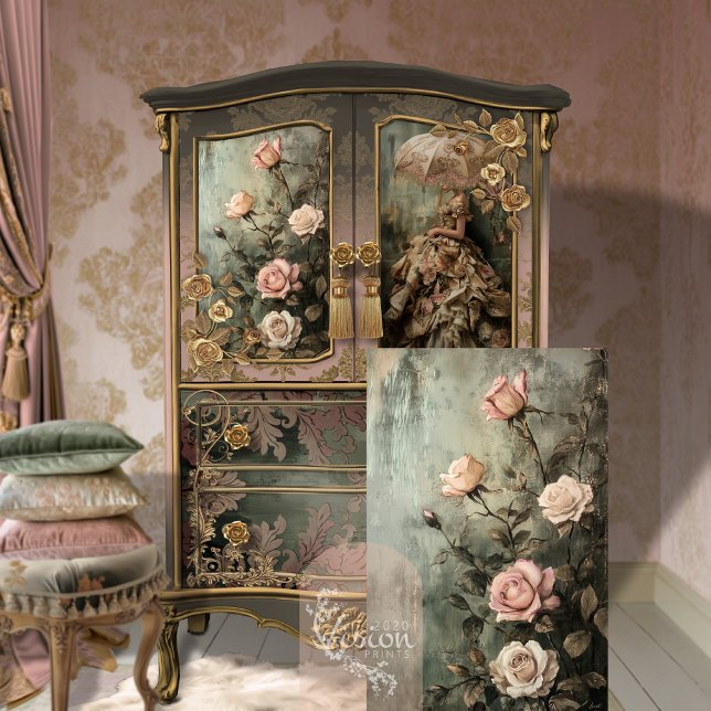 Painted Floral Romantic Roses Dusty Colours Tissue Paper (Romantic Rose, Vintage Painted Floral Dusty colours, Decoupage Tissue Paper.)